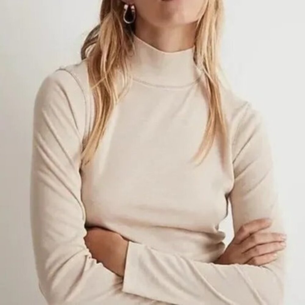 Madewell Long Sleeve Tee XXS Semi-Sheer Mockneck Beige Slim Lightweight Thin